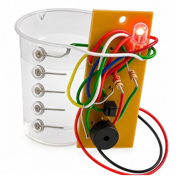 DIY Water Level Indicator Kit assembled circuit with LED indicators, sensor probes, and wires connected on board