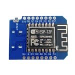 ESP8266 module with metal shield and onboard components on compact microcontroller board