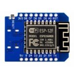 ESP8266 module with metal shield and onboard components on compact microcontroller board