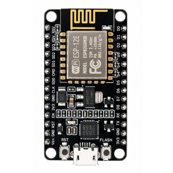 ESP8266 Node MCU 12E AMICA showing ESP8266 chip and pin headers front view