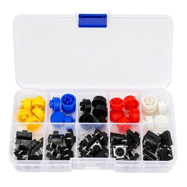 Tactile Push Button Switch Set with Colored Cap showing assorted caps and push buttons arranged in kit box