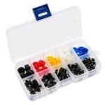 Small tactile button components with multiple cap colors for push button control in electronics projects