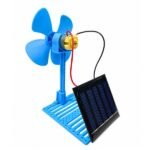 Solar kit components including solar panel, motor, fan blades, and wires arranged for assembly