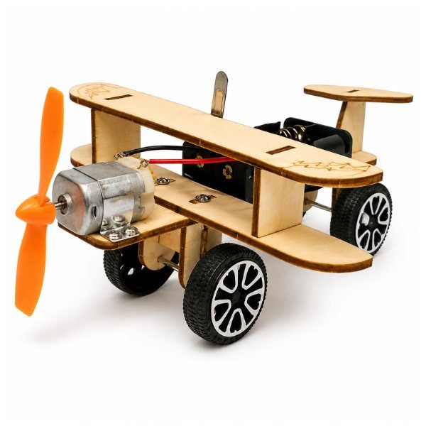 Wooden Aircraft DIY Kit assembled model with propeller, wings, and wooden frame placed on flat surface