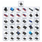 assortment of sensor kit boards with pins and connectors visible for Arduino circuit integration