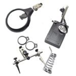 Multifunction helping hand tool with auxiliary clips for soldering and electronics work.