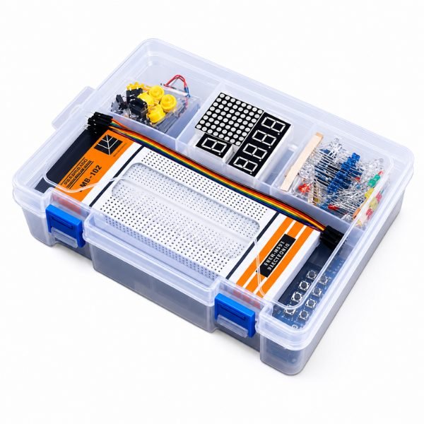 Arduino UNO Starter Kit for Beginners with board, breadboard, jumper wires, and components