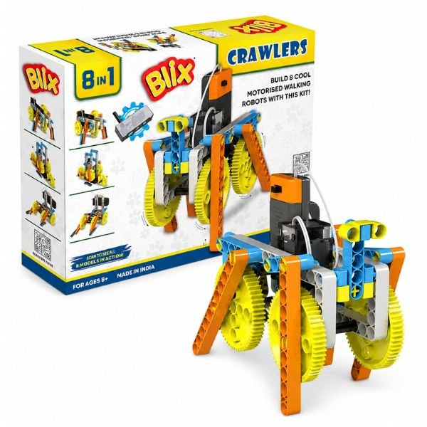 Blix 8-in-1 Crawlers DIY Model Kit with assembled crawler models and colorful interlocking parts