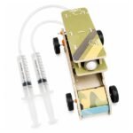 plastic bottle rocket mounted on launcher ready for air pressure launch in diy kits
