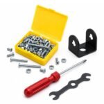 child assembling motorized structure using for kids construction kit with screwdriver and metal pieces