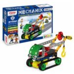 Motorized MECHANIX Robotix-2 building kit with metal parts, motor unit, and tools arranged in box set