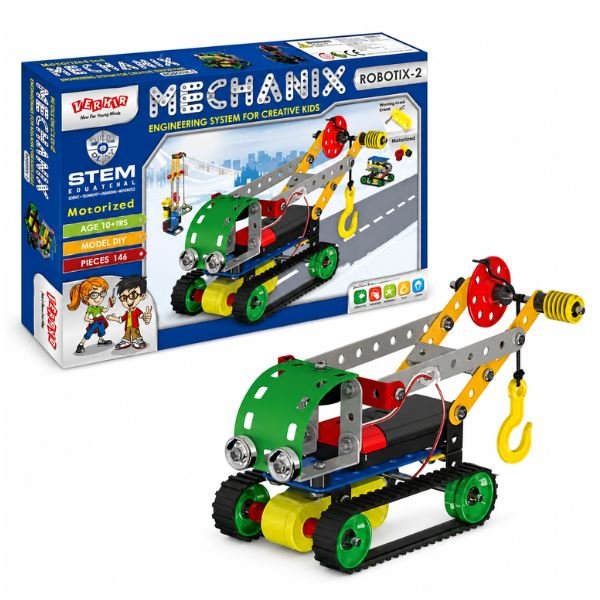 Motorized MECHANIX Robotix-2 building kit with metal parts, motor unit, and tools arranged in box set
