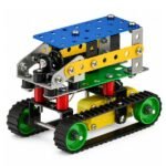 close-up of metal brackets, nuts, bolts, and motor gear components from Motorized MECHANIX Robotix-2 kit