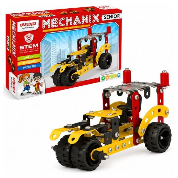 MECHANIX Senior Building and Construction Kit box showing parts, tools, and model examples