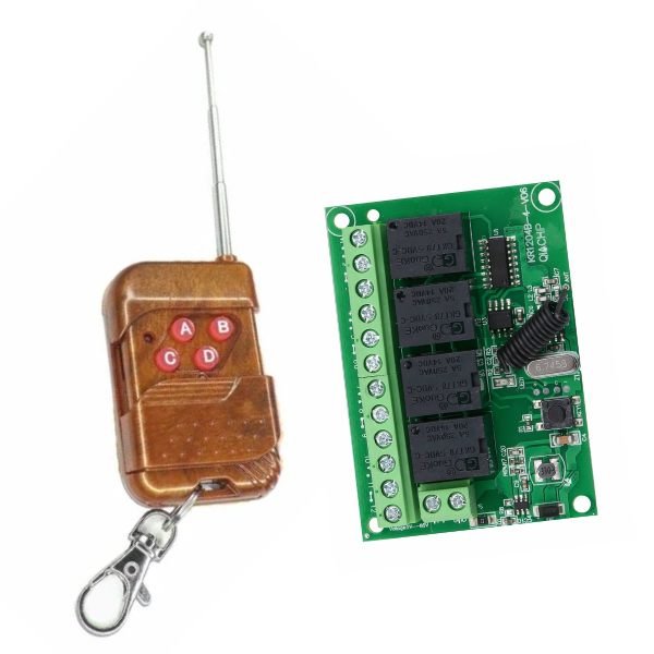 RF Wireless Relay Remote Control receiver board close up showing relay contacts and RF module