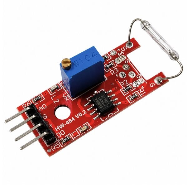 KY-025 Magnetic Reed Switch Sensor Module with pin header and reed switch on white background