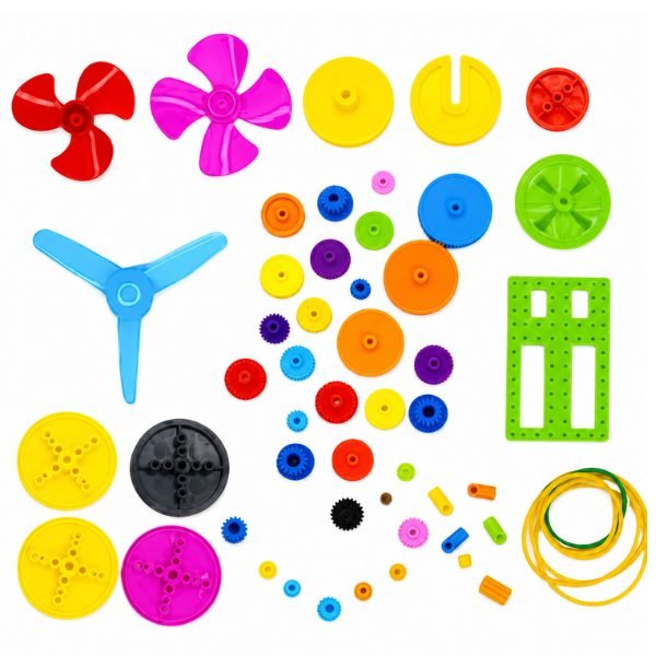 Colorful Plastic Motor Gear set with assorted sizes, shapes, and shafts arranged together
