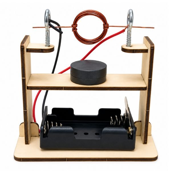 DIY Wooden Electromagnetic Motor Kit assembled with wooden base, copper coil, magnets, and spinning rotor
