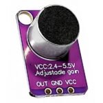 MAX4466 microphone sensor back view showing PCB traces amplifier IC and output pin labels