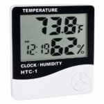 HTC-1 Digital Hygrometer Thermometer with LCD screen displaying temperature, humidity, and time