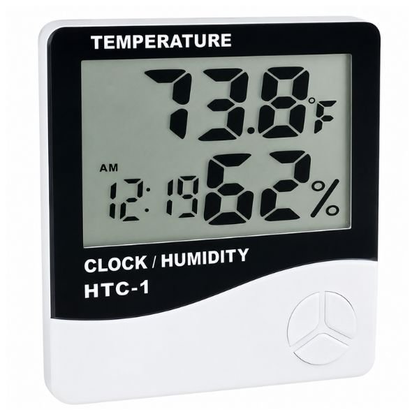 HTC-1 Digital Hygrometer Thermometer with LCD screen displaying temperature, humidity, and time