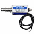 JF-0530B solenoid close-up showing plunger tip 10mm stroke travel and wire connection points