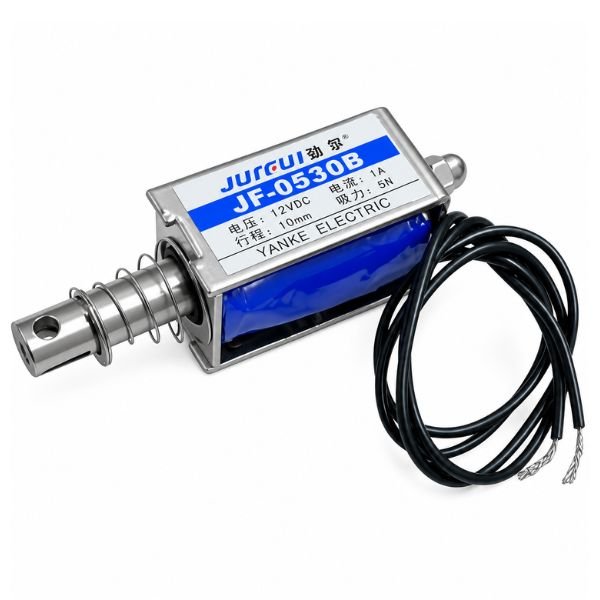 JF-0530B DC 12V Push-Pull Linear Solenoid front view showing plunger body and wire leads