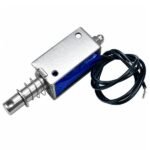Linear solenoid 12v side view showing coil housing plunger stroke and mounting flange