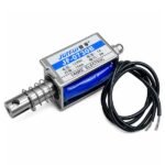 12V Push-Pull Linear Solenoid Electromagnet Actuator JF-0730B front view showing plunger and cable