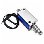 Linear solenoid 12v side view showing coil housing 10mm stroke plunger and 15cm lead wires