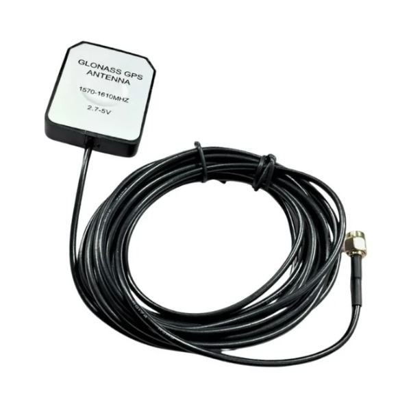 GPS External Active Antenna with SMA Connector front view showing antenna element coaxial cable and SMA plug