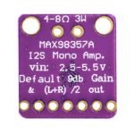 MAX98357A audio decoder close-up showing I2S signal pins BCLK LRCLK DIN and speaker output pads