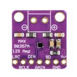 I2S amplifier module back view showing MAX98357 IC solder pads and gain select resistor pad