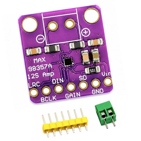 MAX98357A I2S 3W Class-D Audio Decoder Amplifier Module front view showing PCB and speaker pads