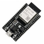 esp32 development board showing ESP32 module with metal shield and onboard antenna