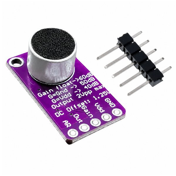MAX9814 Microphone AGC Amplifier Module front view showing electret mic capsule and pin header