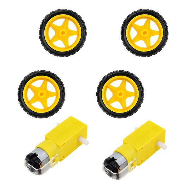 Dual Shaft DC BO Motor 65mm Yellow Wheels 2 Motor 4 Wheel front view