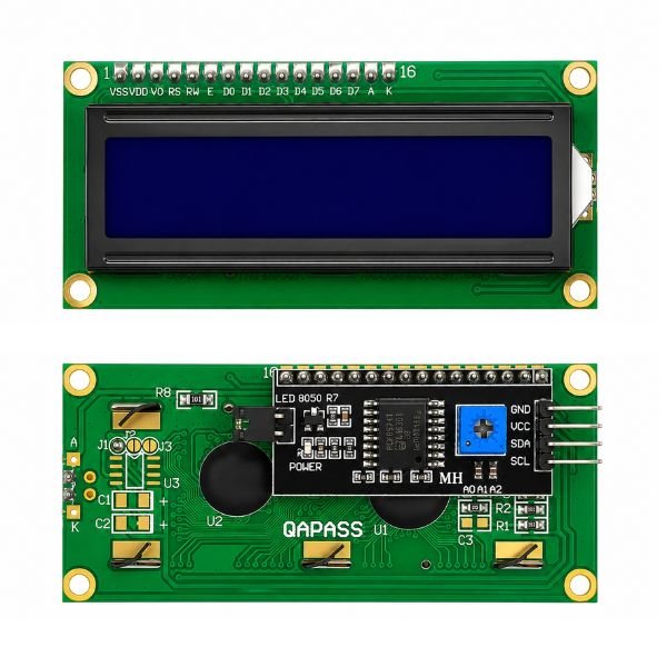 16x2 Blue LCD Display Module I2C 4-Pin Arduino front view